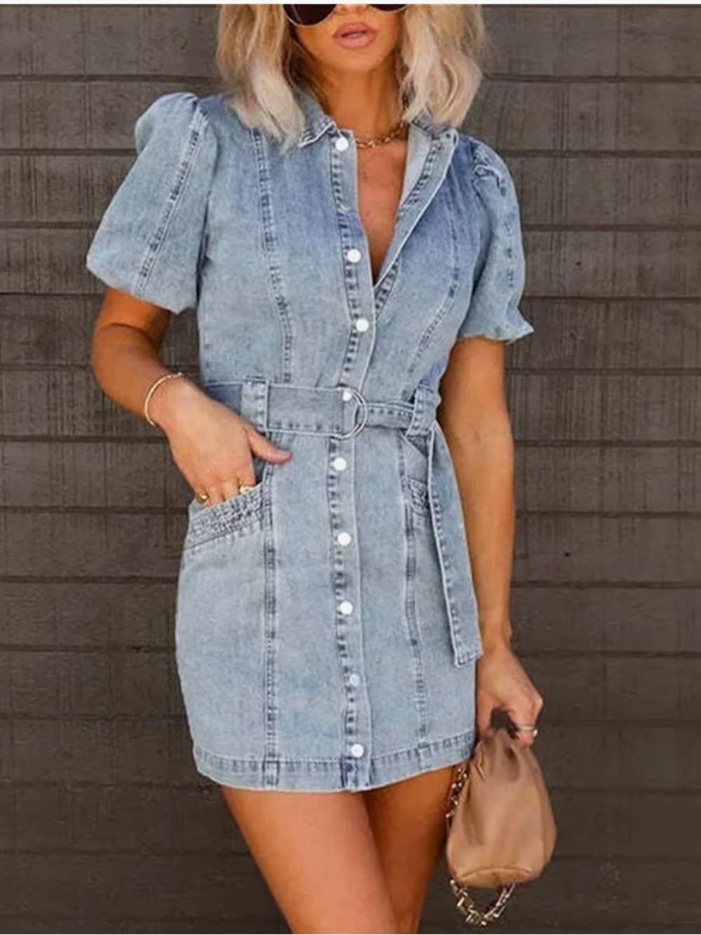 Fate Light Blue Denim Button-Front Mini Dress with Belt